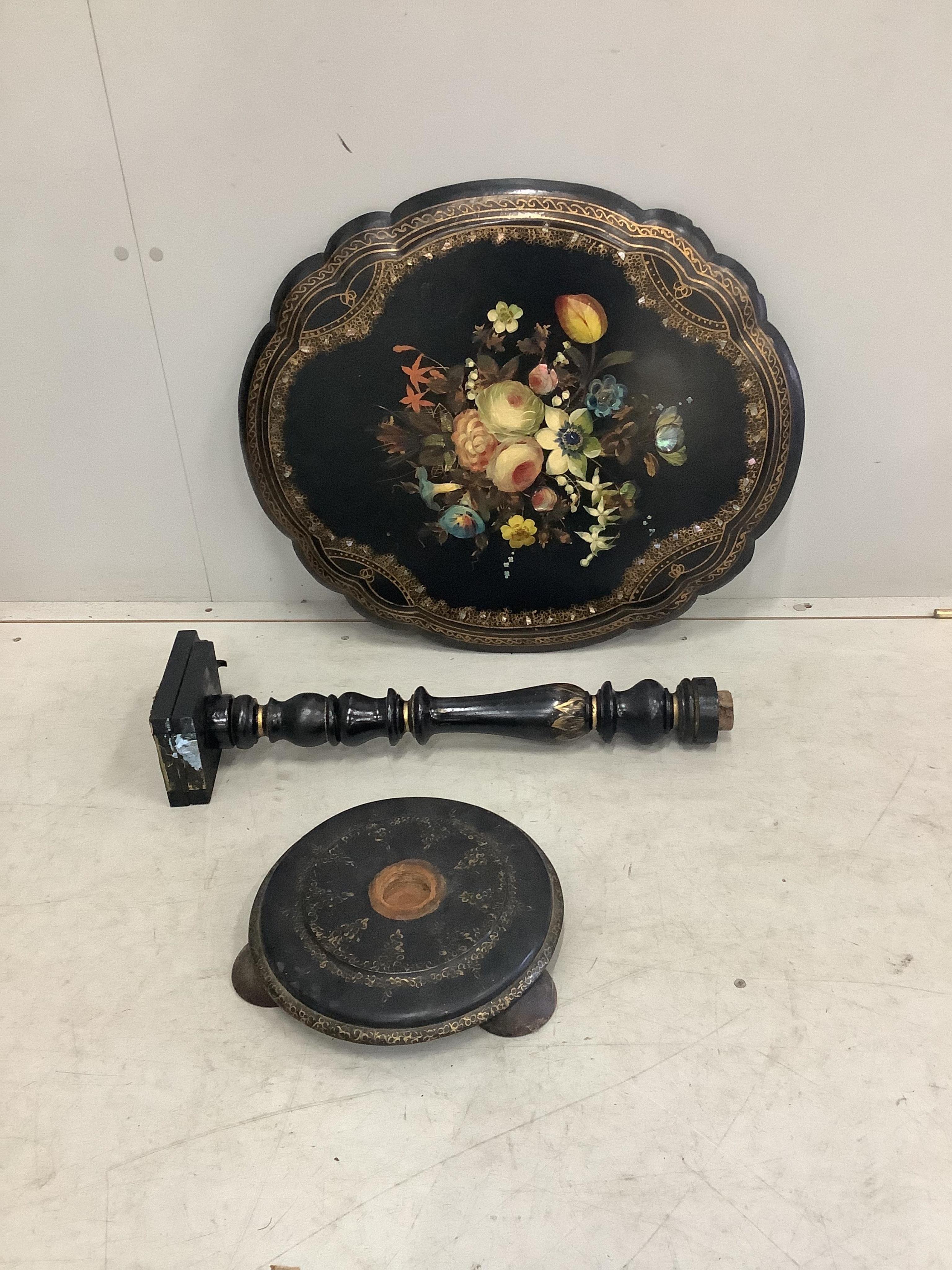 A Victorian oval papier maché tilt top wine table, together with a similar circular table.